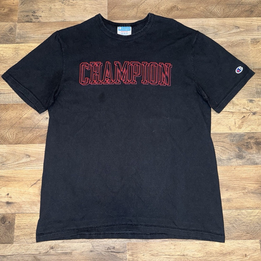 Vintage Champion Spellout T-Shirt M Black 90s Script Logo Tee